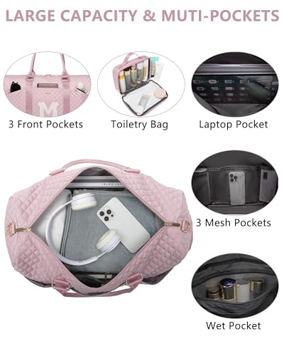 Image of Women Weekender Travel Duffle Bag: Initial Duffel Overnight Bags with Shoe Compartment Large Carry on Tote with Toiletry Bag Weekend Traveling Yoga Gym Hospital Bag for Women with Wet Pocket Letter M