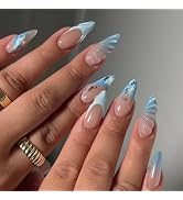 Coquette Blue French Tips Press On Nails - Ocean Design, 24 Pcs, 3D Acrylic, Medium Almond, Gloss...