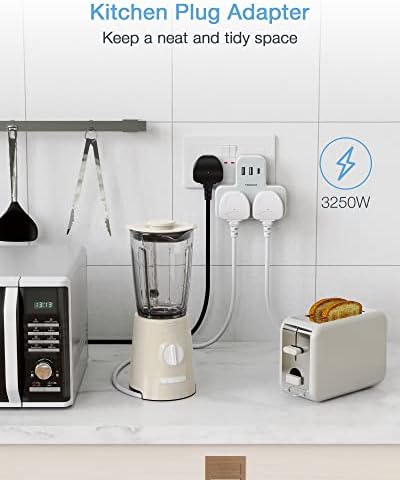 Double Plug Adaptor with 3 USB Plug, TESSAN Plug Adapter with USB C Charger, Socket Adapter, Extension Plug with USB Charger Plug, Double Adapter Plug UK Compatible with Kitchen, Office