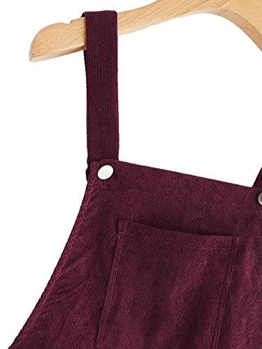 Romwe Women's Straps A-Line Corduroy Pinafore Bib Pocket Overall Dress Burgundy S #TOP4