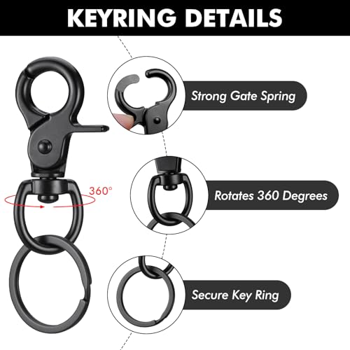 3 Stück Karabinerhaken mit Drehgelenk, Robust Zinklegierung Karabiner Hundeleine, Wirbelkarabiner mit Schlüsselanhänger, Schlüsselanhänger Karabiner, Schwarz Bolzenkarabiner für Hundeleine Schlüssel