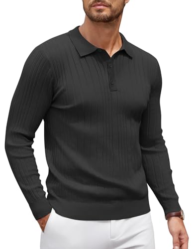 COOFANDY Herren Polokragen Pullover Feinstrick Schmale und Breite Streifen Langarm Strickpullover Basic Einfarbig Poloshirt Männer Pulli Schwarz L., 4.59 €