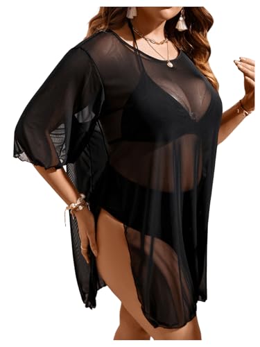 OYOANGLE Women's Plus Size Sheer Mesh Split Thigh Beach Cover Up Dress Bathing Suit Swimwear3