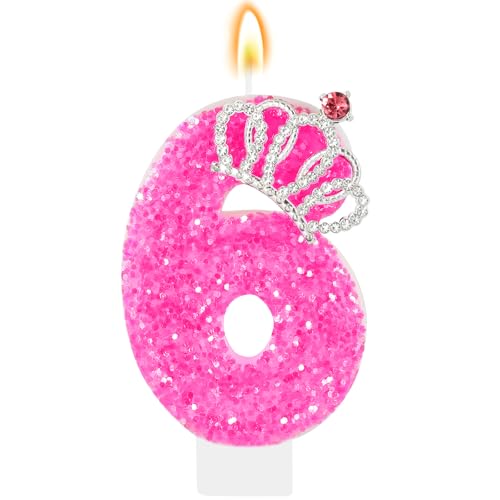 IDIJOLI Hot Pink Birthday Candle Crown Number 6 Candle 6th Birthday Cake Topper Cupcake Decor Princess Themed Party Decorations for Girls and Women Anniversary Celebrations Supplies Favors