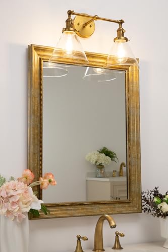 Image of PERMO Double Sconce Vintage Industrial Gold 2-Lights Wall Sconces with Funnel Flared Glass Clear Glass Shade Antique Scocne for Bathroom Living Room Home Office
