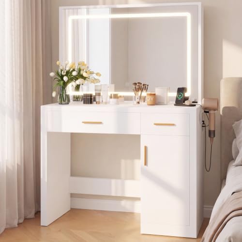 DUMOS Makeup Vanity Desk with Mirror and Lights, Charging Station