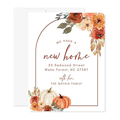 Hello Love Goods Fall Floral Moving Announcement Cards, Pumpkin New Address Cards, Flat 4.25x5.5 Personalized Moving Cards with Envelopes Cover