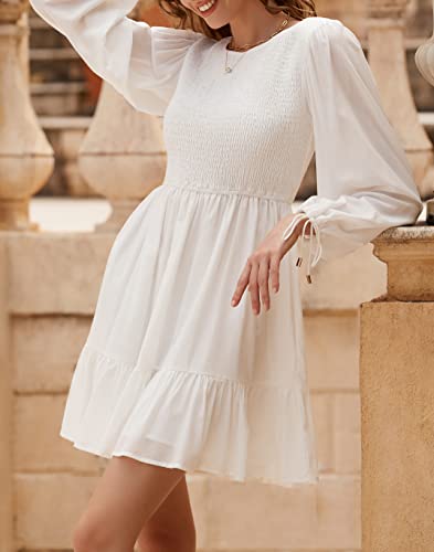 Zesica Women's Long Sleeve Smocked Dress 2023 Casual Crew Neck Tiered Swing Cocktail Wedding Party Mini Dresses,White,Medium #TOP2