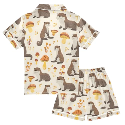 ALAZA Otter Mushroom Cartoon Pajamas Satin Pajama Set Short Sleeve Button Down Sleepwear2
