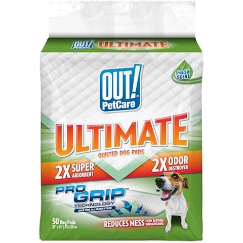 OUT! Petcare Large Dog Pee Pads, Training Pads for Dogs, Puppy Pad, Wee Wee Pads for Dogs, Dog Potty Pads, Ultimate Quilted Pro-Grip Dogs Pads, Leak Proof, Safe, Disposable - 21"x 21", 50 Count Cover
