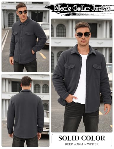 Xnova Men's Winter Jacket Warm Polar Fleece Coat Shacket Mens Trucker Work Outdoor Jackets Lapel Collar Long Sleeve Overshirt Button Down Thermal Shirts with Pockets, Dark Grey, XL - Image 4
