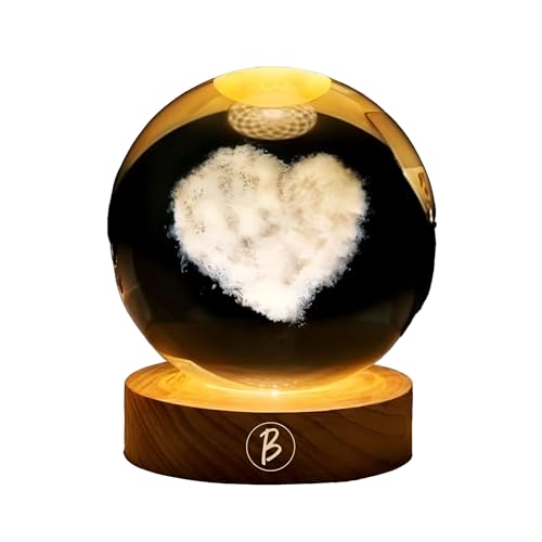 Image of 3D Love Heart Crystal Ball Night Lamp for Couple, Light Lamp with Wooden Base for Lovers, Mothers Day, Birthday (Love Heart)