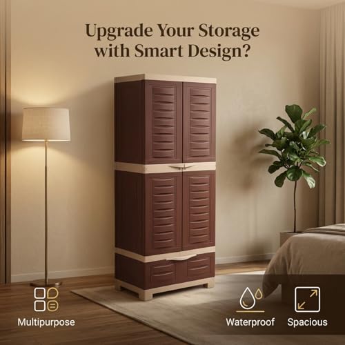 Image of Supreme Furniture Fusion 02 BDR 01 Multipurpose Plastic Cupboard | 40-Months Warranty* | 2 Door Cabinet with 1 Drawer | Spacious Shelves & Center Lock | Big Storage for Bedroom | DIY | Brown Beige