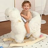 Baby Rocking Horse, Toddler Rocking Toy with Lullaby Song, Moose Wooden Horse with Hand Puppets & Safety Belt for Baby Boys Girls Nursery/Child Christmas Birthday Gift (White)