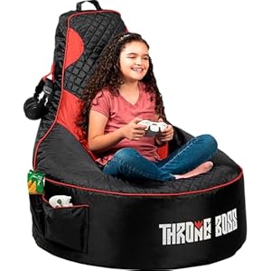 Throne Boss Gaming Bean Bag Chair Cover for Kids with High Back, Red – Floor Gaming Chair Cover, Easy to Clean Fabric, Large Side Pockets, Headphone Hanger, Requires 200 Liters Polystyrene Beans