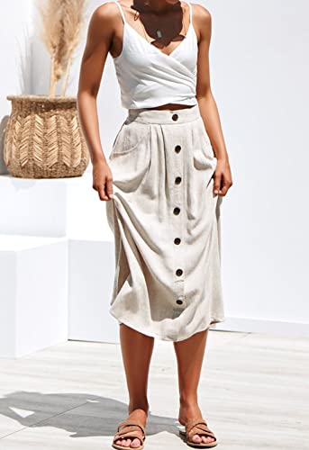 Summer White Skirts For Women Casual High Waisted A-Line Button Up Vintage Midi Skirt With Pockets Large #TOP2