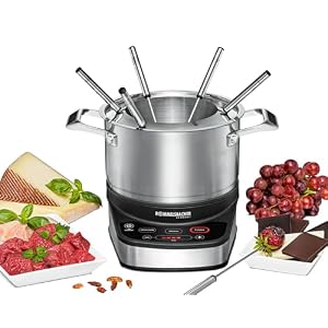 ROMMELSBACHER Elektro Fondue Set F 1200 – Fonduetopf aus Edelstahl (2,5 Liter), 6 Fonduegabeln, 3 Programme, extra langes Kabel, hohe Temperaturgenauigkeit, 1200 Watt