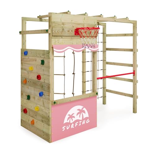 Wickey Klettergerüst Outdoor Spielturm Smart Action mit pastellpinker Plane, Spielgerät mit Kletterwand, Basketballkorb & Spiel-Zubehör für Kinder im Garten aus Holz