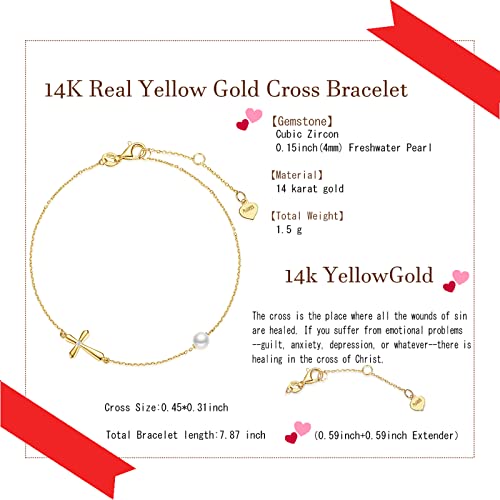 Fancime 14K Solid Yellow Gold Sideways Cross Bracelet With 4Mm Freshwater Pearl Crucifix Bracelet Link Adjustable Bracelet Dainty Fine Jewelry For Women Wife Daughter 6.7’’+1.2’’ Extender 1.5G #TOP6