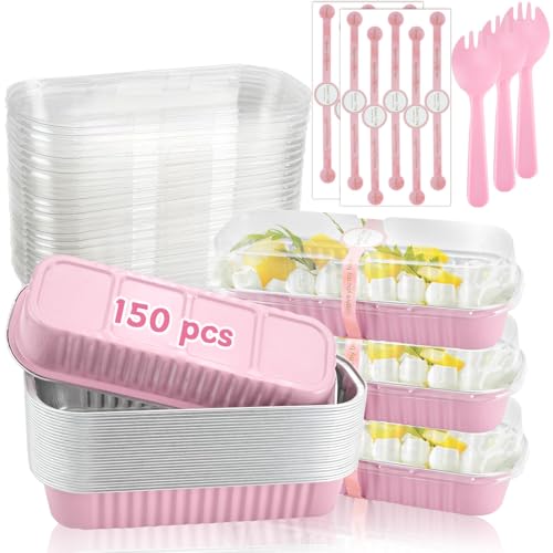 WRENYZK 150 Pcs Mini Loaf Pans with Lids and Spoons Sealing Sticker, Rectangular Cake Pans Aluminum Foil Disposable Cake Containers, Small Cupcake Cups for Baking Wedding Birthday Party(Pink)