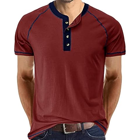 Men's Fashion Henley Shirt Short Sleeve Lightweight Button Cotton T-Shirt Casual Top with Pocket Wine Red Cover