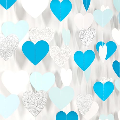 Light-Blue White-Silver Party-Decoration Heart Garland - 39Ft Baby Boy Shower Birthday Streamers Graduation Bachelorette Bridal Christmas Wedding Banner Decor
