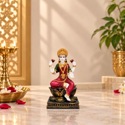 Image of ARMONIA Laxmi Mata Idol with Lotus Throne & Golden Crown | Mahalakshmi Devi Murti for Home Mandir, Pooja Room, Living Room & Office | Lakshmi Statue for Varalakshmi, Diwali & Housewarming Gift | 13 cm