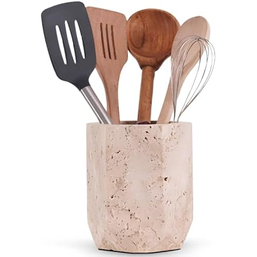 Travertine Utensil Holder, 6.5 Inch Marble Utensil Crock
