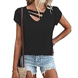 primavera ed estate donne colore solido v-collo petalo manica corta maglietta casual allentata