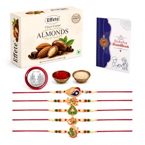 DeoDap Rakhi for Brother Set of 5 with Effete Assorted Chocolate Dry Fruits (K5_NC12_AS)