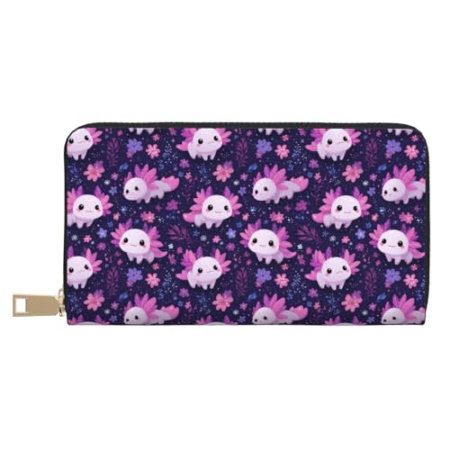 Cute Axolotl Floral Print Wallet Women, Leather Bifold Multi Card Wallet, Long Purse Women's Wallets