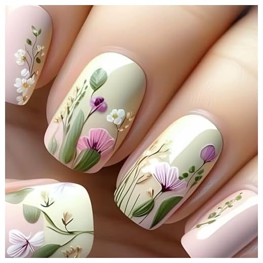 Spring Flower Press on Nails Short Square Fake Nails