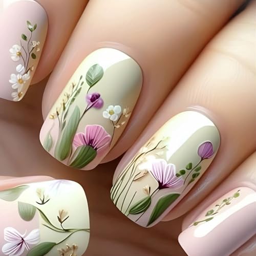 Spring Flower Press on Nails Short Square Fake Nails Glossy Pink ...