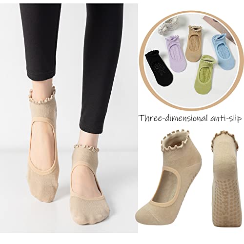 Anidl 2 Pairs Frilly Yoga Socks Non Slip With Grip Yoga Pilates Ballet Barre Socks For Women (Purple/Skin Color) #TOP2