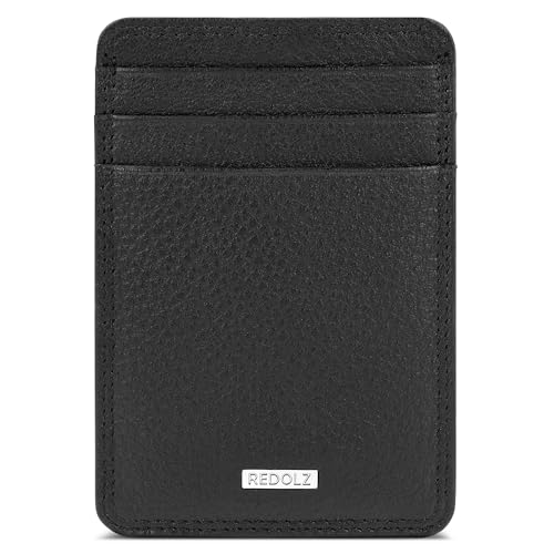 REDOLZ Leder Geldklammer/Kreditkartenetui Slim | RFID-Schutz & 3 Kreditkartenfächer & 2 Steckfächern | Maße 7 x 0,5 x 10 cm (schwarz)
