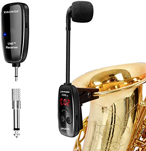XIAOKOA Wireless Microphone, UHF micrófono inalámbrico, micrófono para instrumentos inalámbricos, micrófono para saxofón, receptor y transmisor inalámbrico, ideal para trombos, clarinete, violonchello