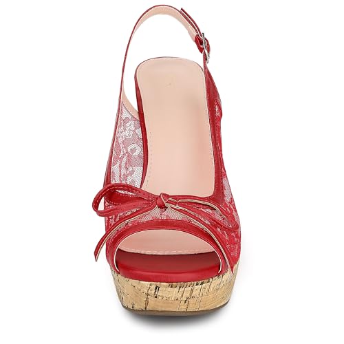 Allegra K Allegra K Women's Platform Heels Bow Lace Wedge Red Sandals 9 M US