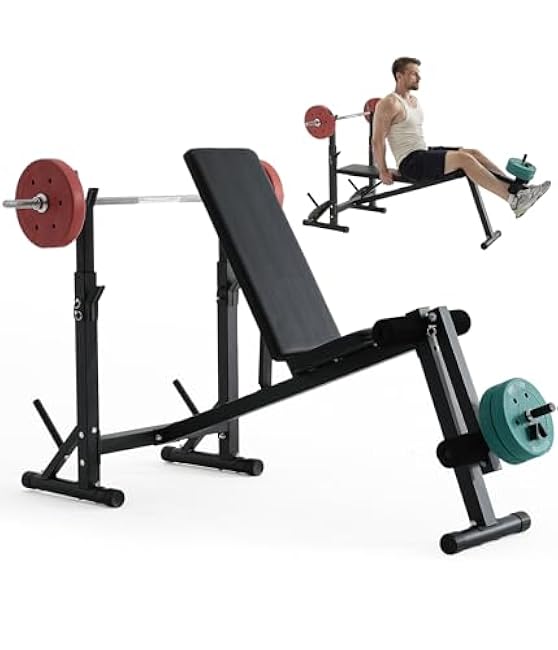 600LBS Incline Weight Bench Set with Rack, 4-in-1 Adjustable Workout Bench with Leg Extention for Bench press,Curl and Ab Workouts, Best for teenage boys, Women, Beginners and Small Individuals