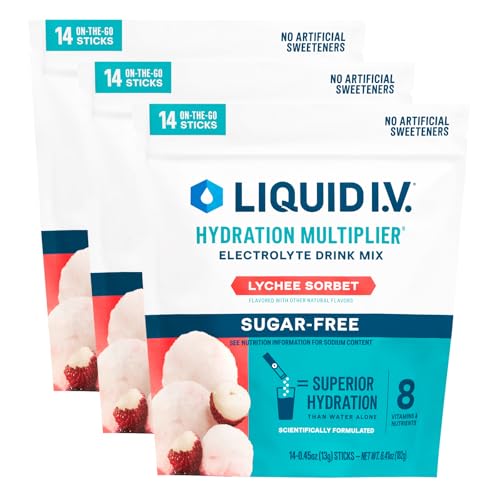 Image of Liquid I.V. Sugar Free Hydration Electrolytes, Lychee Sorbet, 42 Count | Scientifically Formulated | Clinically Proven Hydration | Zero Sugar | No Artificial Sweeteners | Non-GMO | Powder Drink Mix