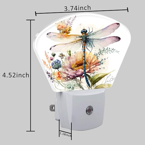 Image of Watercolor Dragonfly Night Light Plug into Wall, Flowers Night Light with Dusk to Dawn Sensor for Kid Girls Boys Women Men Bedroom, Hallway, Kitchen, Bathroom, Stairs Decor