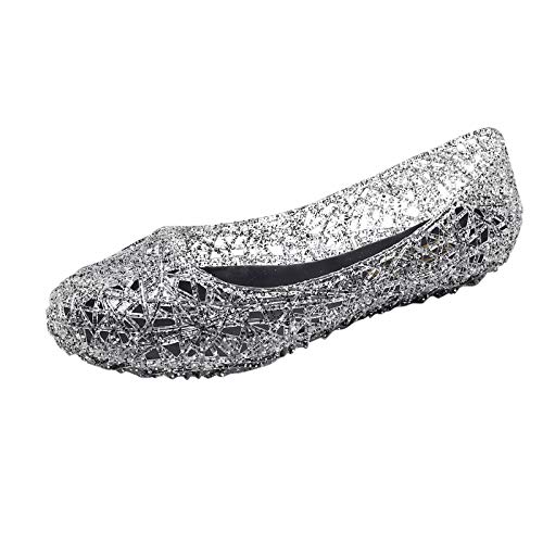 QWUVEDS Sandales à paillettes pour femme - Sandales d'été confortables - Talons hauts - Évidées - Appartement transparent - Pour femme - Sandales respirantes, Noir , 40 EU