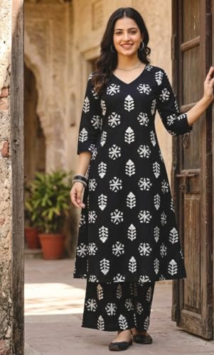 Image of CREATION & YOU Women Cotton Printed Kurta with Palazzo Set | Work /Office Wear Kurta Set for Women
