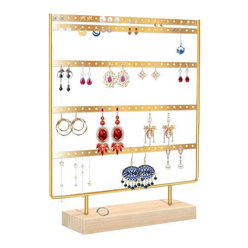 BoloShine Organizador de Joyas, Soporte de Joyería Expositor de Pendientes de Metal con Base de Madera, Organizador de Joyas Soporte de Exhibición de Joyería para Collares Brazaletes (Dorado)