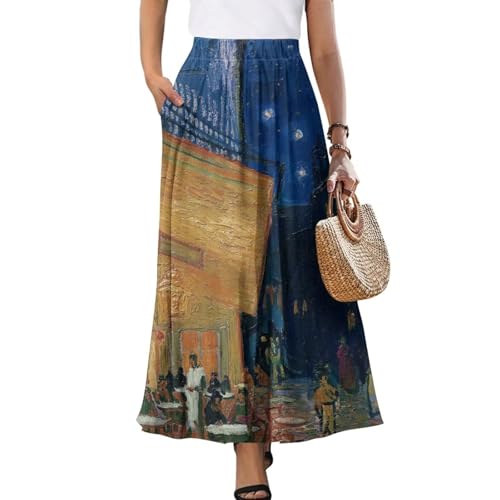 Oil Painting Printed Women's Long Maxi Skirt Elegant Pleated High Waisted A-Link Long Maxi Skirt for Party, Work3