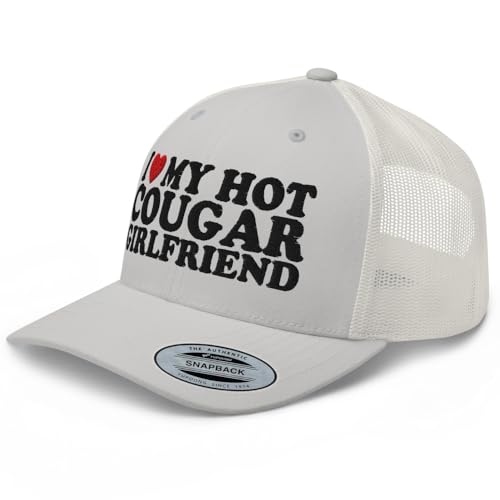 RIVEMUG NX I Love My Hot Cougar Girlfriend Embroidered Curved Bill Trucker Hat Mid Crown Adjustable Cap Silver