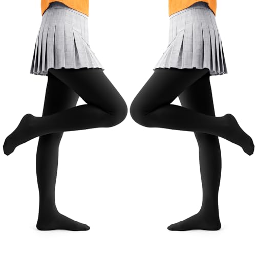Comfyouth Girls Thermal Tights Kids 2 Pair Winter Warm High Waisted Stretch School Black Tights with Fleece Lining at the Feet for Girls 3-14 Years
