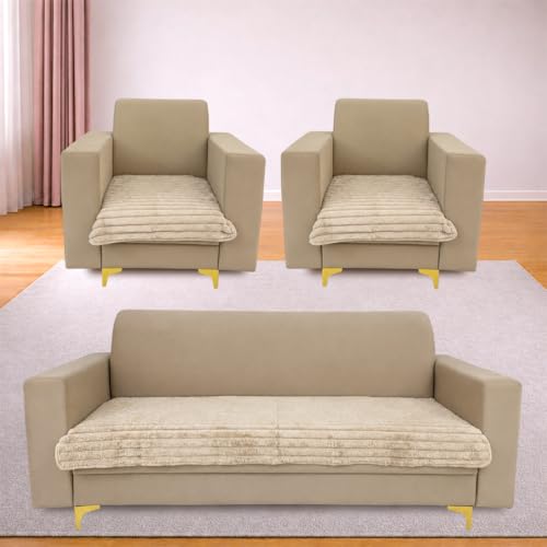 Image of Homerz Premium Rabbit Fur Sofa Cover with Anti-Skid Backing, Soft Plush Fabric Sofa Protector for Living Room Furniture (Beige, 5 (3+1+1) Seater, Only Seat Cover)