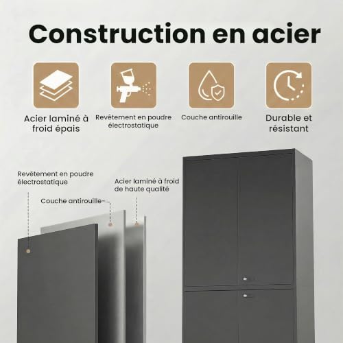 LHForgetech Armoire de Rangement Garage, Meuble Metallique, Armoire de Garage à 5 Étagères avec 4 Portes, Étagères Réglables, 2 Serrures, 40 x 80 x 180 cm, Noir (Noir) – vue 4