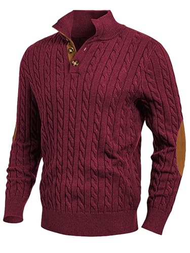 Image of JMIERR Men's Cable Knit Pullover Sweater Casual Long Sleeve Stand Collar Button Knitted Sweaters