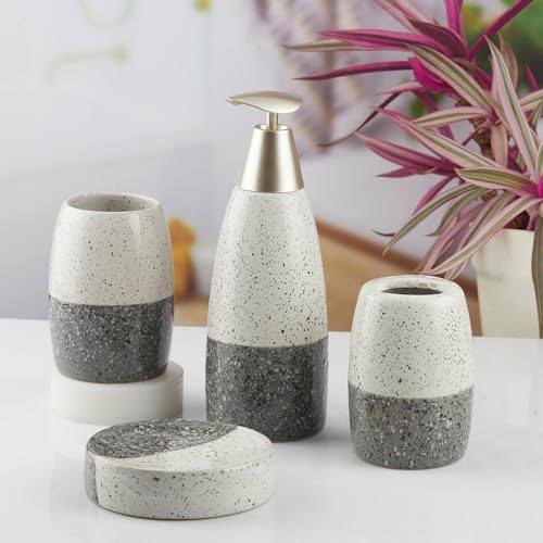 Image of SaSaSa Ceramic Bathroom Accessories Set of 4 Modern Bath Set with Soap Dispenser & Toothbrush Holder, Luxury Home & Gift Idea, Grey (10480)